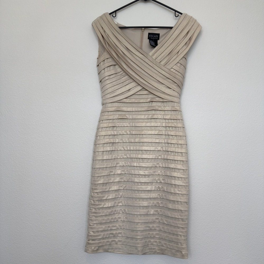 Xscape Dress Womens 6 Champagne Good Bandage Bodycon Metallic Sheath X7769 - Picture 5 of 11